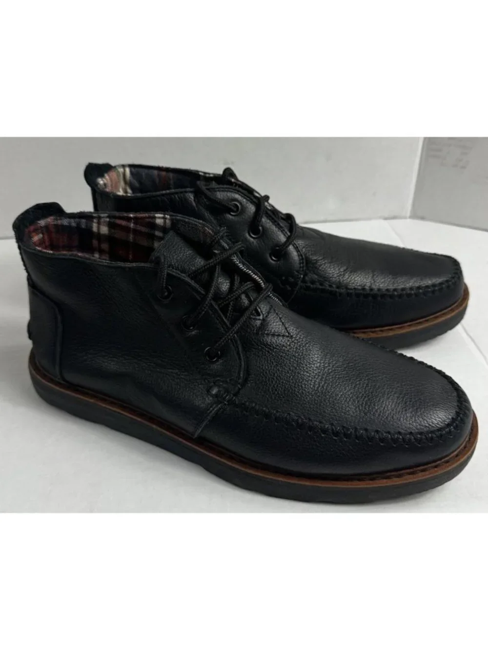 Toms Mens Plaid Lined Embossed Leather Chukka Lace Up Ankle Boots Black Sz 9 EUC